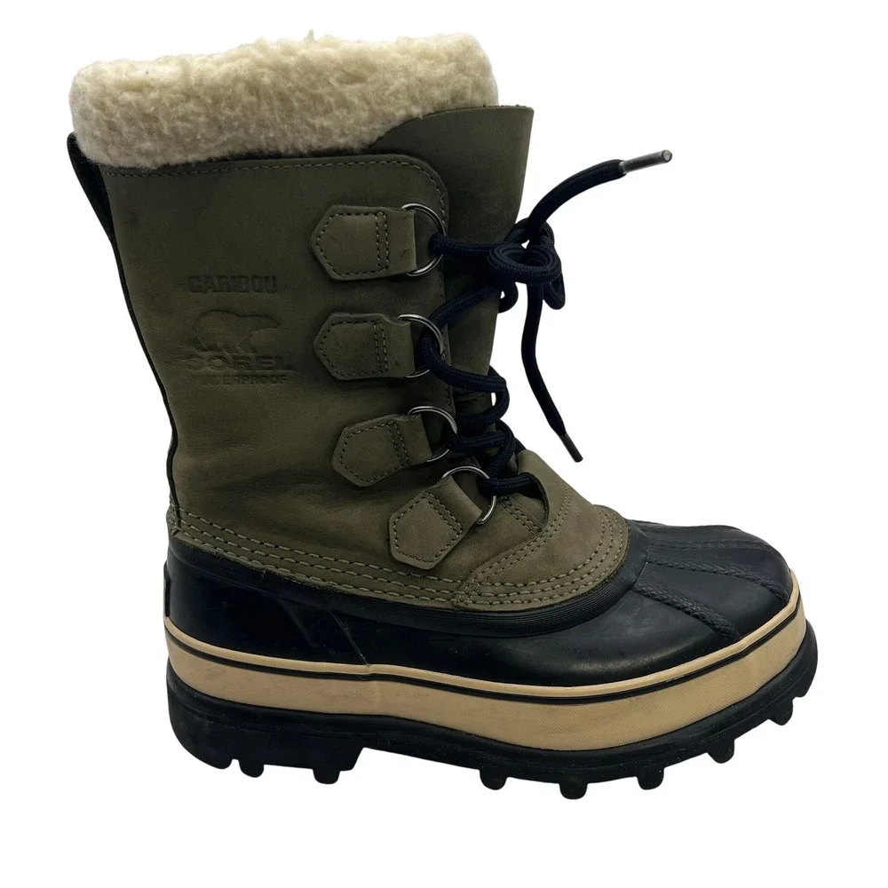 Sorel‎ Caribou Waterproof Winter Boots Women's Size 6 Tan Green Fur Lined